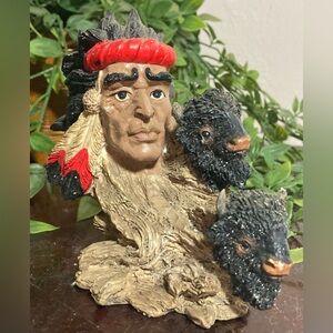 VTG Resin Native American Warrior & Buffalo Figurine 5” X 5”